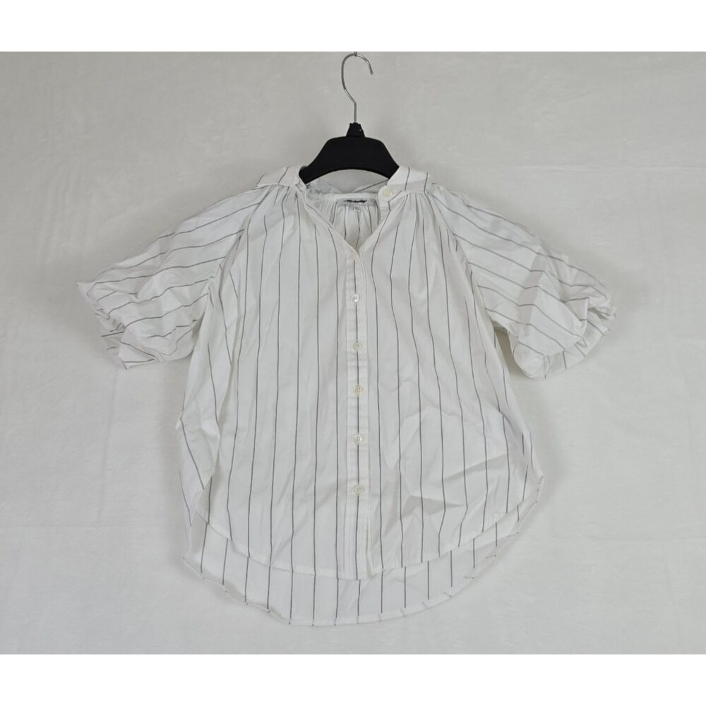 Madewell Shirred Short Sleeve Shirt Women XXS Stripped White Cotton